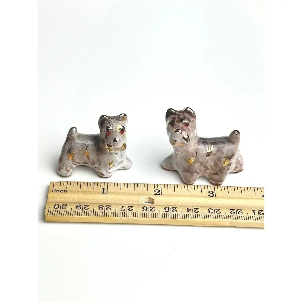 Vintage MCM Scottish Terrier pair miniature ceramic hand painted gold figurines